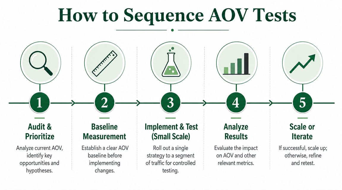 A five-step infographic showing the process for sequencing average order value tests to improve e-commerce performance.