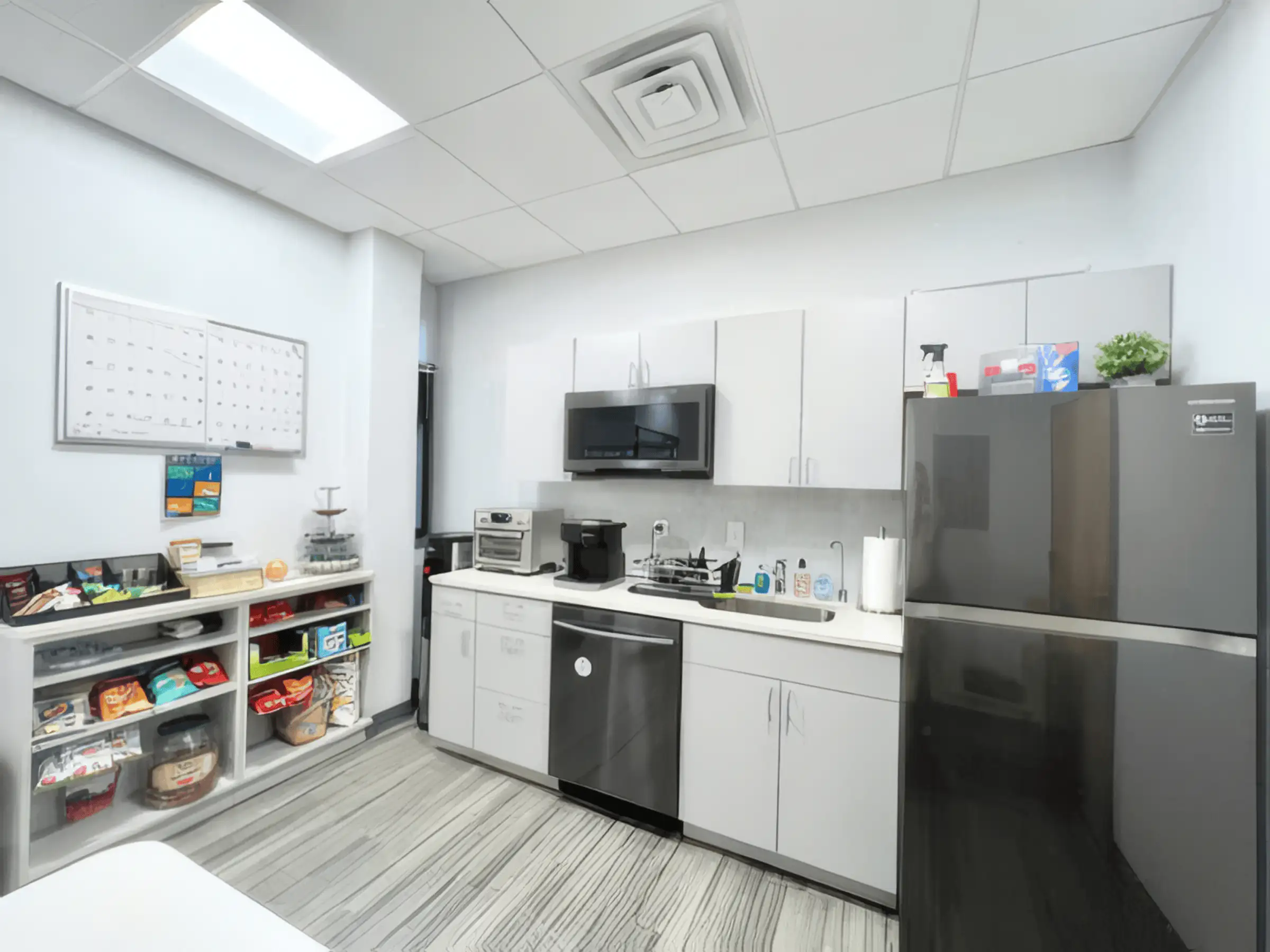 Luxury vinyl plank flooring in a modern office break room kitchen with gray cabinetry, stainless steel appliances, and snack storage shelving.