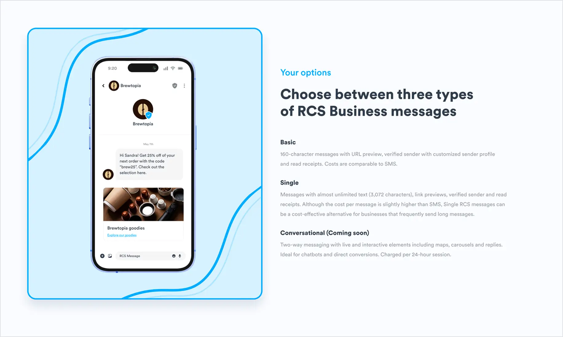 Visning af et attraktiv til en sektion om RCS på GatewayAPI's hjemmeside