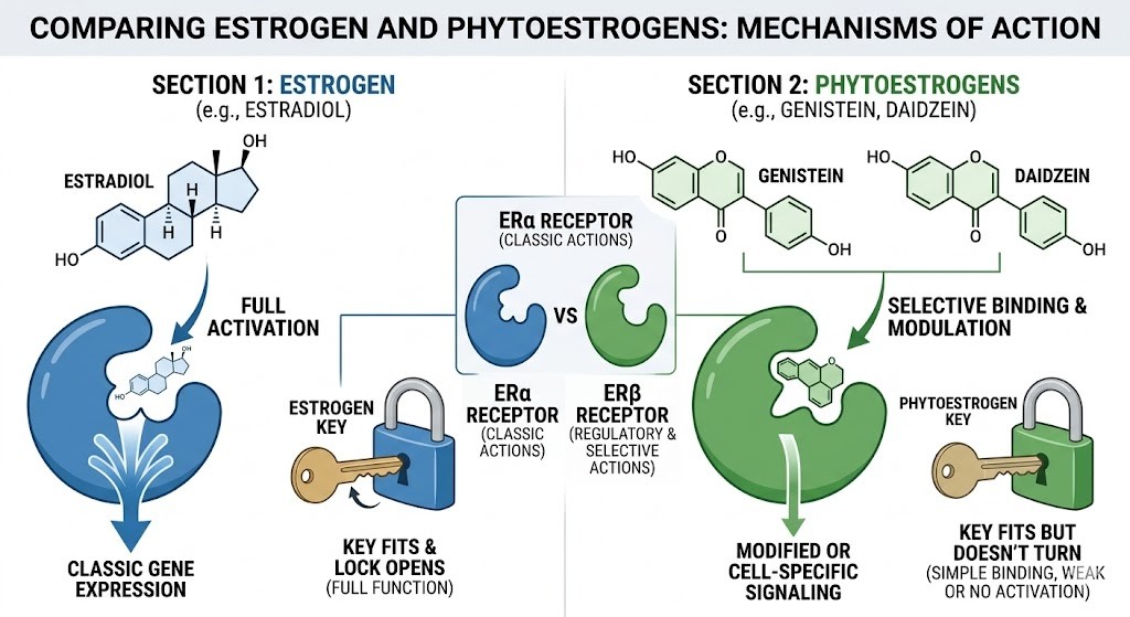 A detailed medical infographic comparing the mechanisms of action for estrogen (Estradiol) and phytoestrogens (Genistein, Daidzein). It illustrates that Estradiol fully activates the Estrogen Receptor Alpha (ERα) to trigger classic gene expression, using a key-and-lock analogy showing the key fitting and turning the lock. It contrasts this with phytoestrogens, which selectively bind to Estrogen Receptor Beta (ERβ), leading to modified or cell-specific signaling, with the key-and-lock analogy showing the key fitting into the padlock but not turning, representing simple binding with weak or no activation.