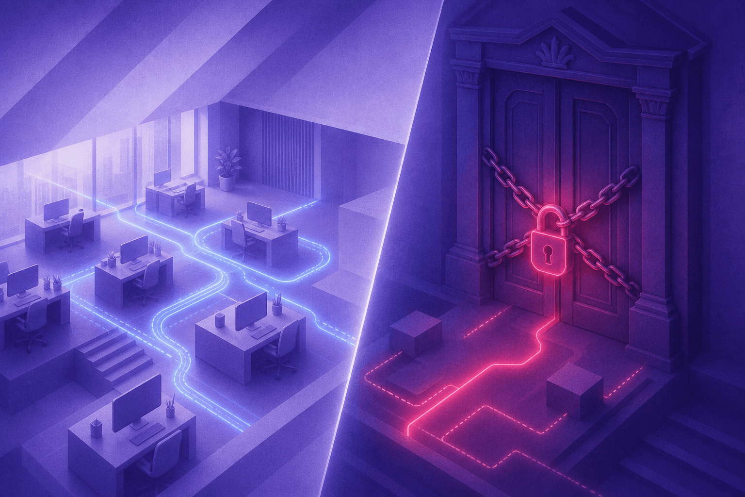 A split visual showing two distinct business environments side by side — on the left, a sleek modern office with interconnected glowing blue digital pathways representing seamless integration, symbolizing teams fully inside a unified ecosystem; on the right, a locked ornate door with chains and a padlock glowing red, blocking access to the same digital network, representing teams locked out of a platform — dramatic lighting, cinematic composition, no text or signage