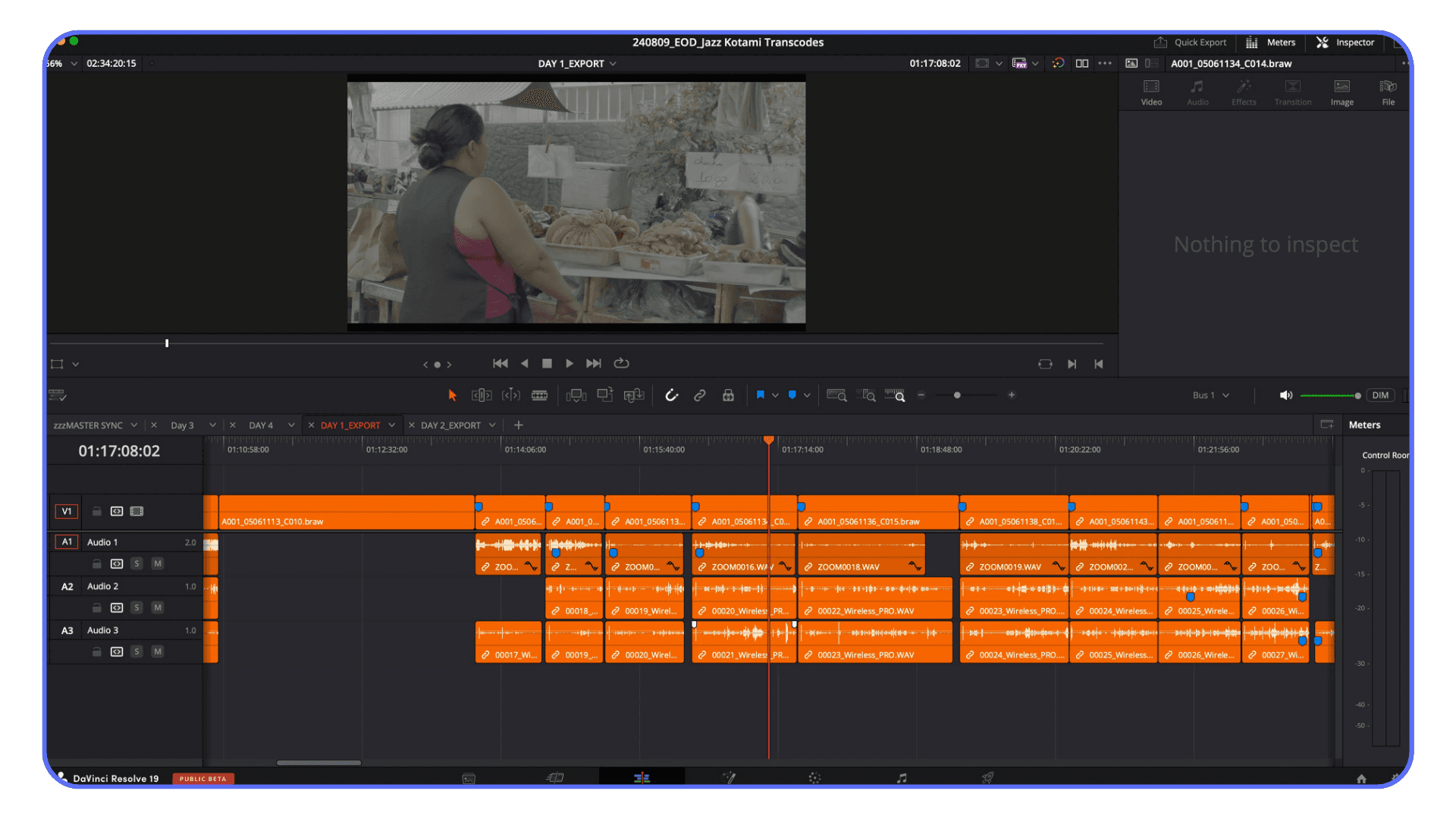 DaVinci Resolve timeline with many layered audio tracks during a multi-source editing session