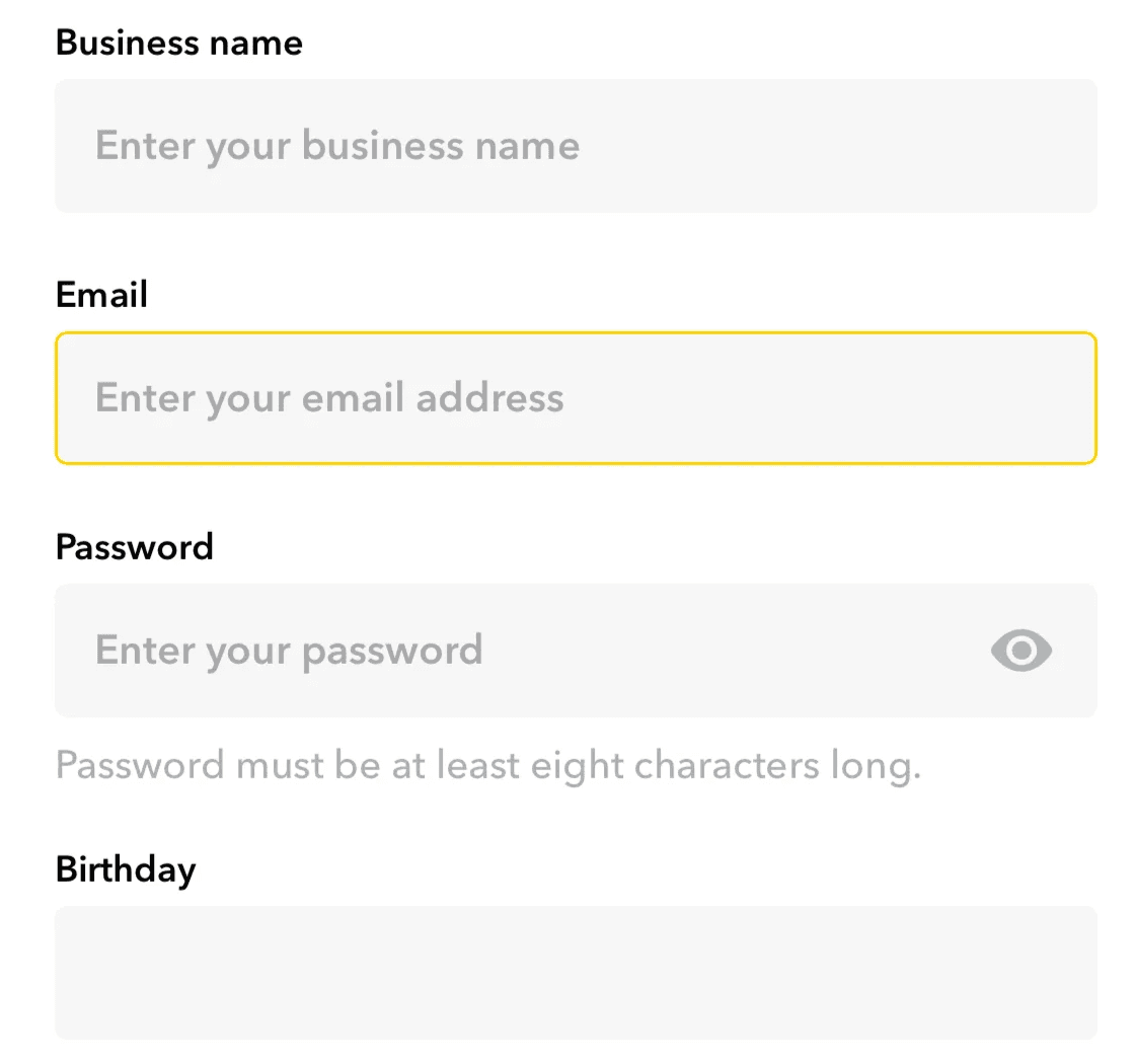 The starting page for creating Snapchat business account.