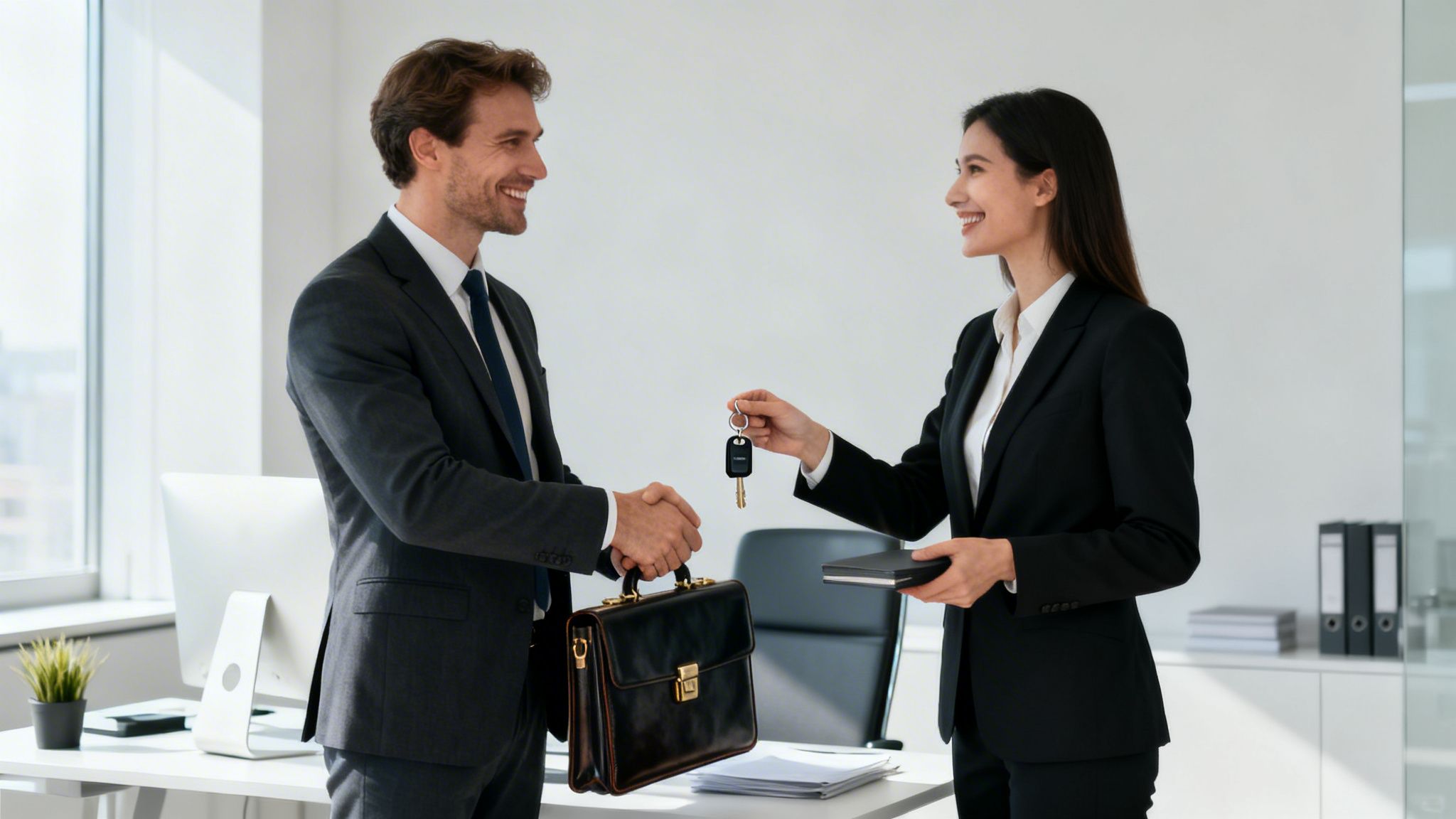 Två leende affärsmän i kostym skakar hand, kvinnan överlämnar bilnycklar.