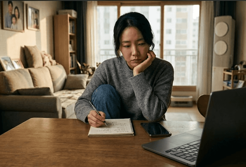 거실 테이블에 앉아 노트북과 스마트폰을 옆에 두고, 공책에 무언가를 꼼꼼히 적으며 고민에 잠긴 여성의 모습입니다. 인터넷 재약정과 신규 가입 혜택을 비교 분석하는 상황을 나타냅니다.