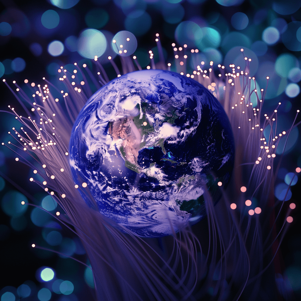 a Global network of fiber optic cables surrounding the Earth, representing worldwide connectivity and advanced communication technology.