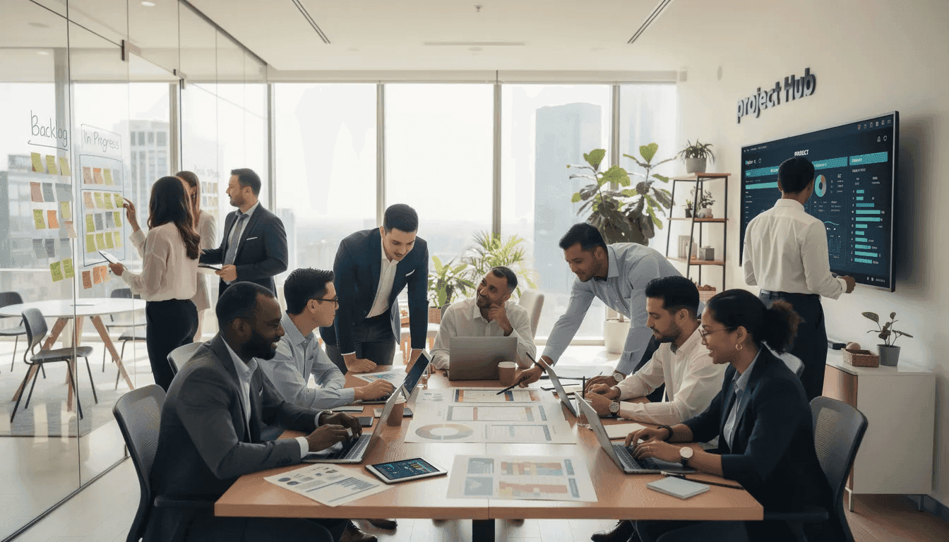 A diverse group of professionals is collaborating in a modern office space, showcasing the rise of fractional work and the gig economy.