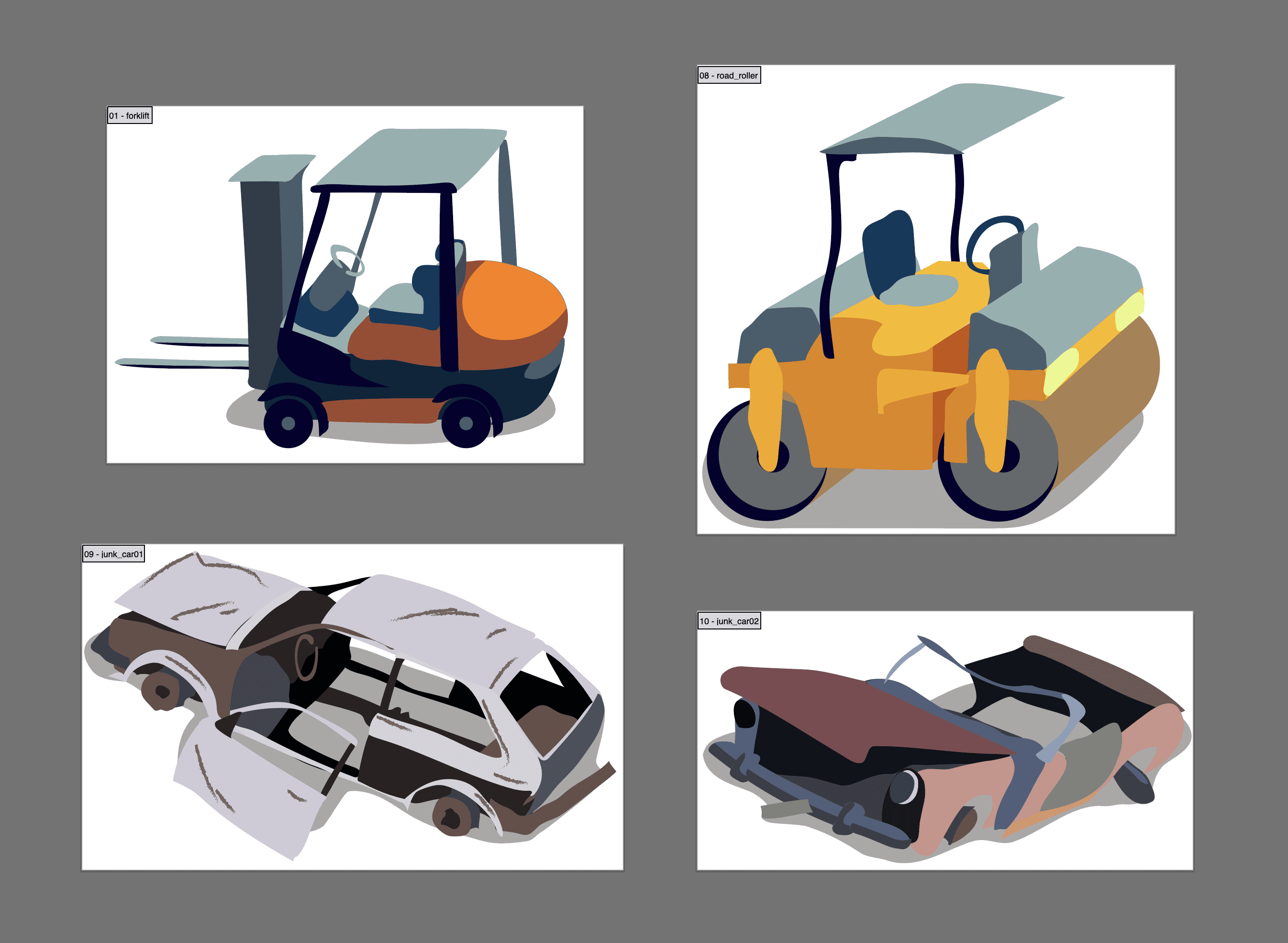 four cartoon vehicles illustrated for a game