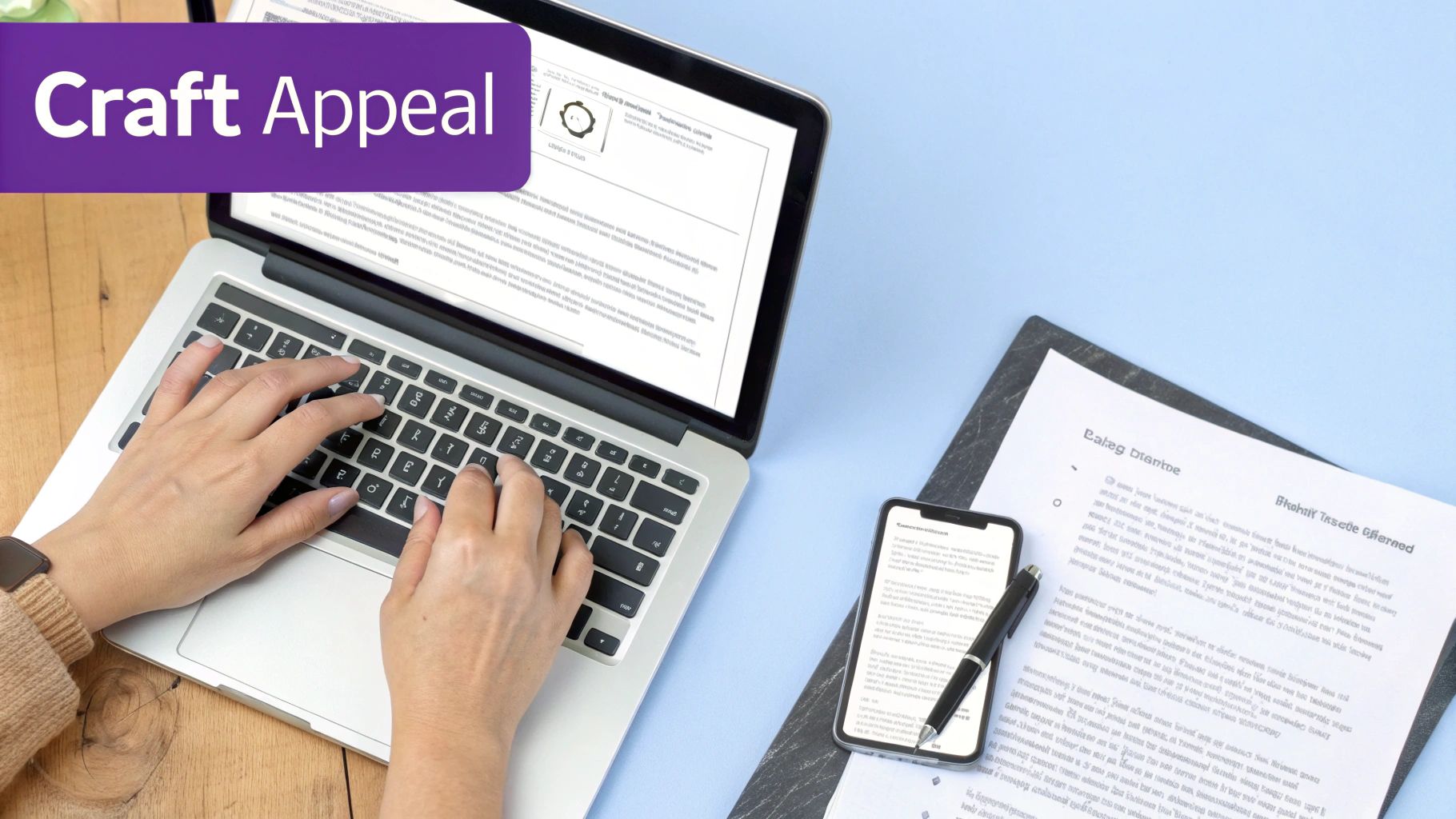 Hands typing on a laptop with 'Craft Appeal' banner, smartphone, and papers on a blue desk.