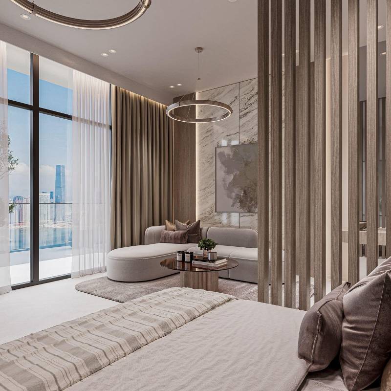 Contemporary living room with a dining area, showcasing a table and chairs, created by Cybele by Wadan.