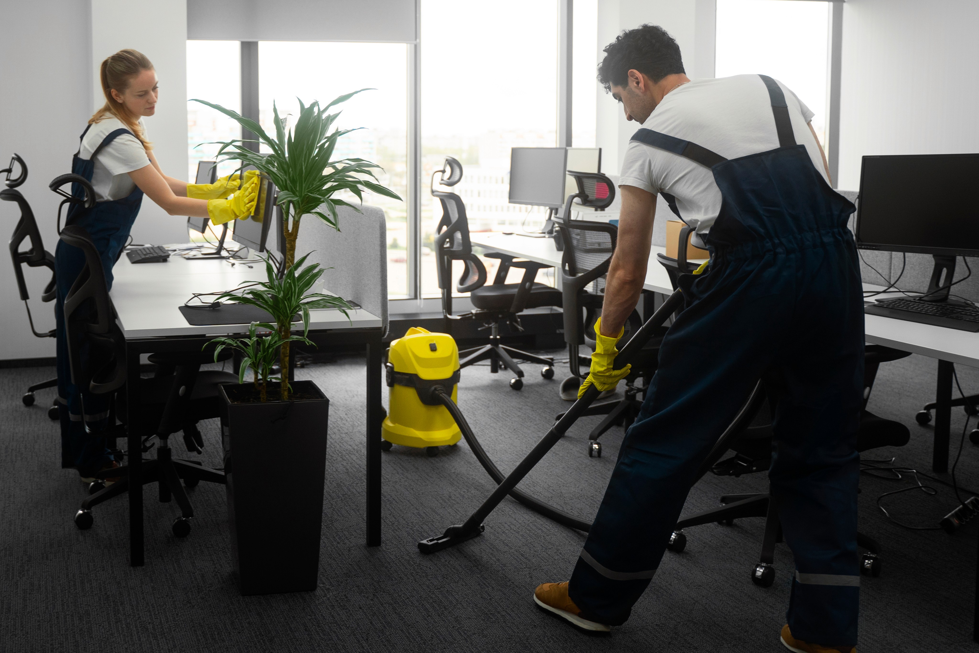 team of cleaners in an office doing cleaning