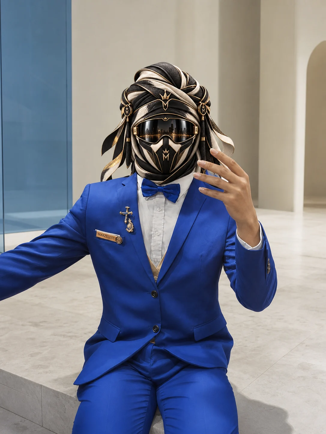 Full-length view of Electric Blue, a saturated cobalt-blue two-piece suit with a light shirt and dark shoes, with the official Marzelest face covering.