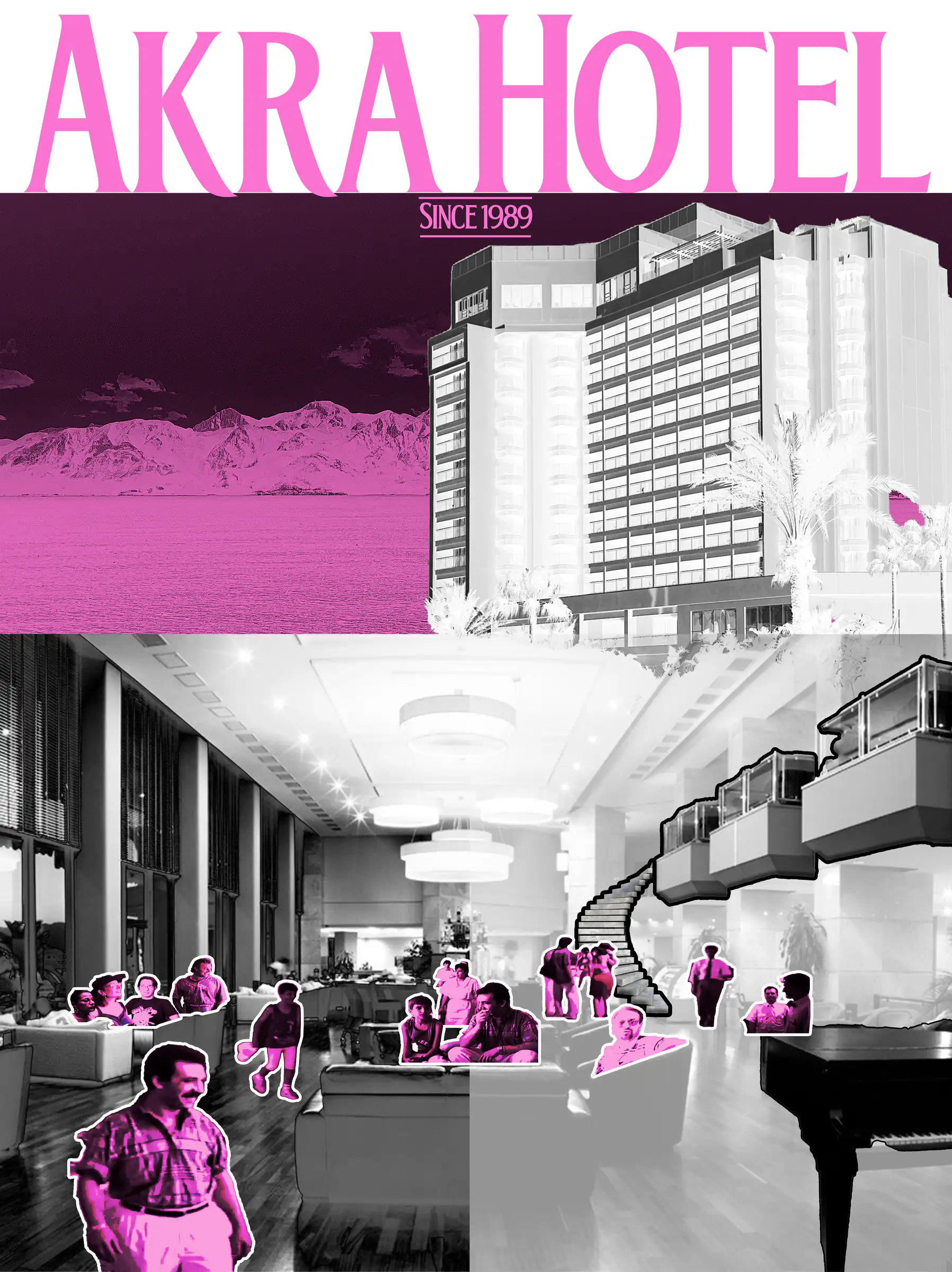 Akra Hotel başlıklı, yapı ve misafir görsellerinden oluşan pembe tonlu kolaj