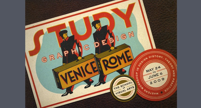 A red, cyan, black and white poster with a drawing of two people with suitcases. On the poster there is the text Study Graphic Design and on each suitcase there is the text Venice and Rome.