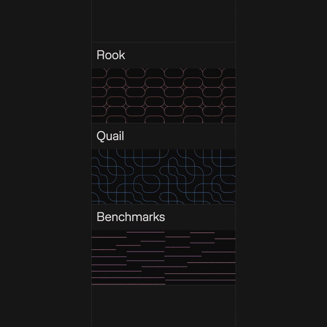 Dark vertical layout stacking three labelled pattern swatches: Rook, Quail and Benchmarks line graphics