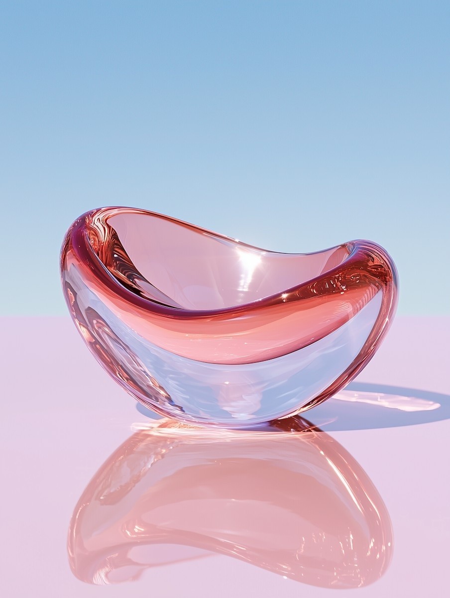 A modern, abstract glass sculpture featuring smooth curves in pink and clear hues is set against a pastel pink surface, reflecting soft light under a clear blue sky.