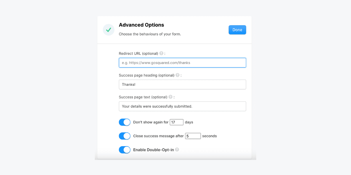 Advanced options for pop up forms