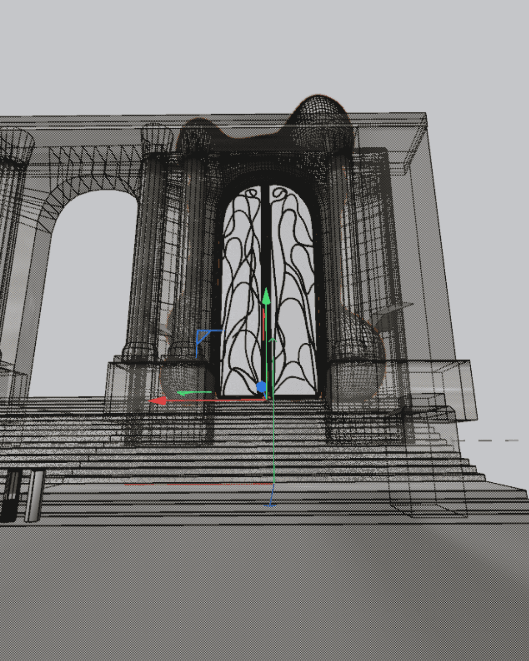 A grayscale 3D wireframe model maps the geometry of the library's stairs and archway for precise asset placement
