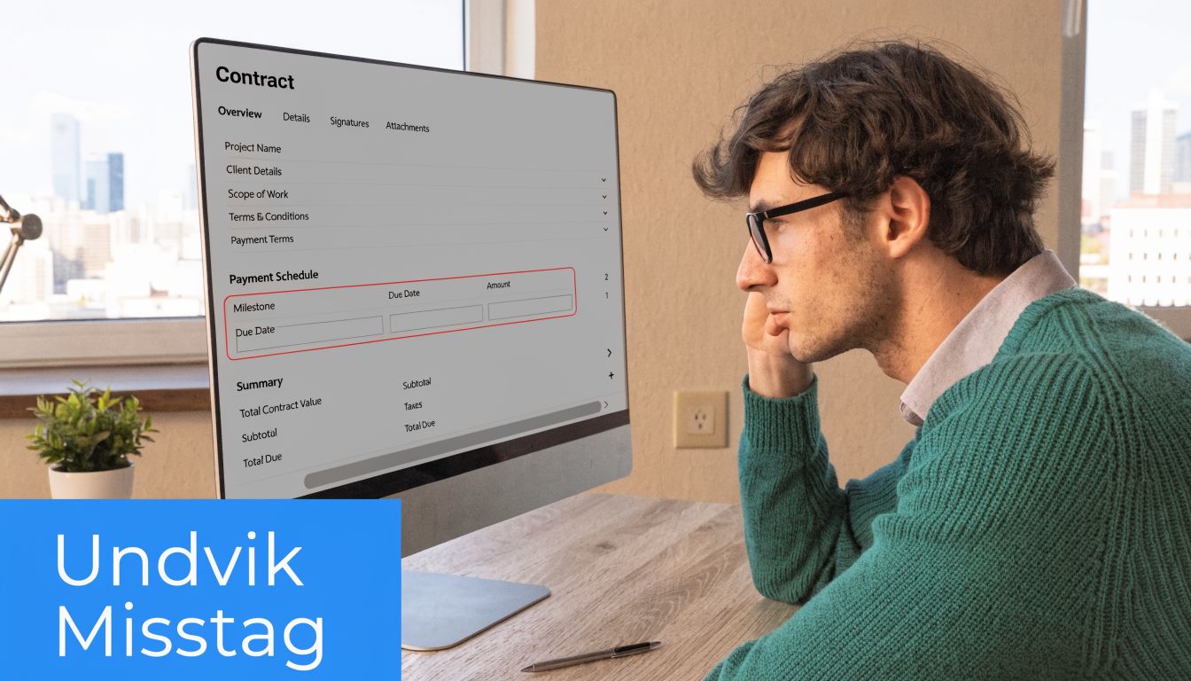 En ung man sitter vid en dator och tittar på ett kontrakt för en digital signatur.