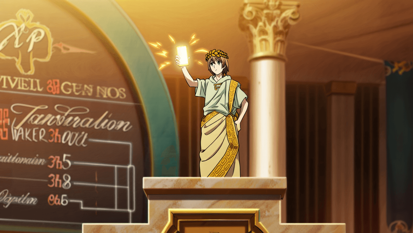 Student champion with gamified study app in neoclassical arena