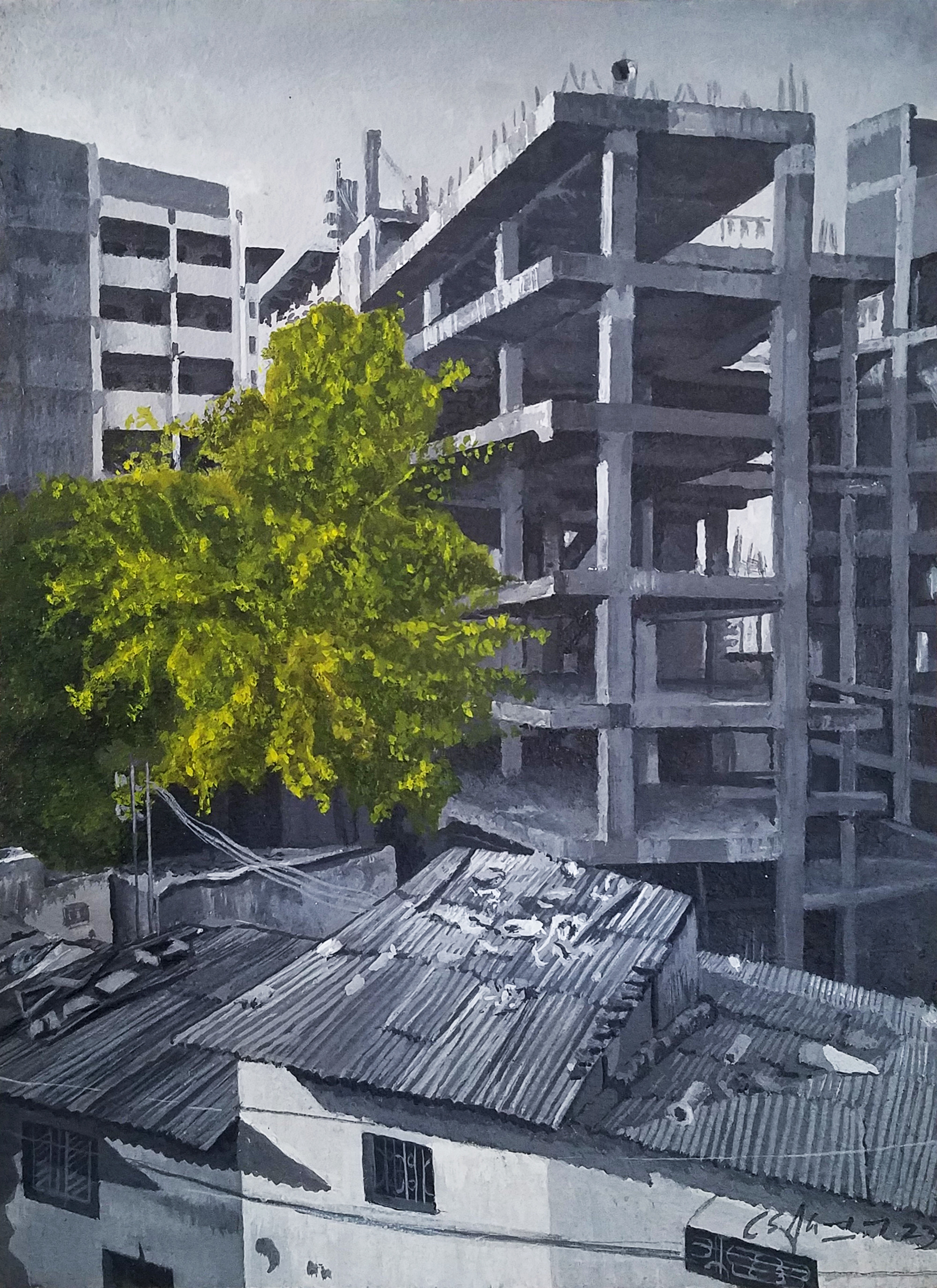 herd of sheep on road painting