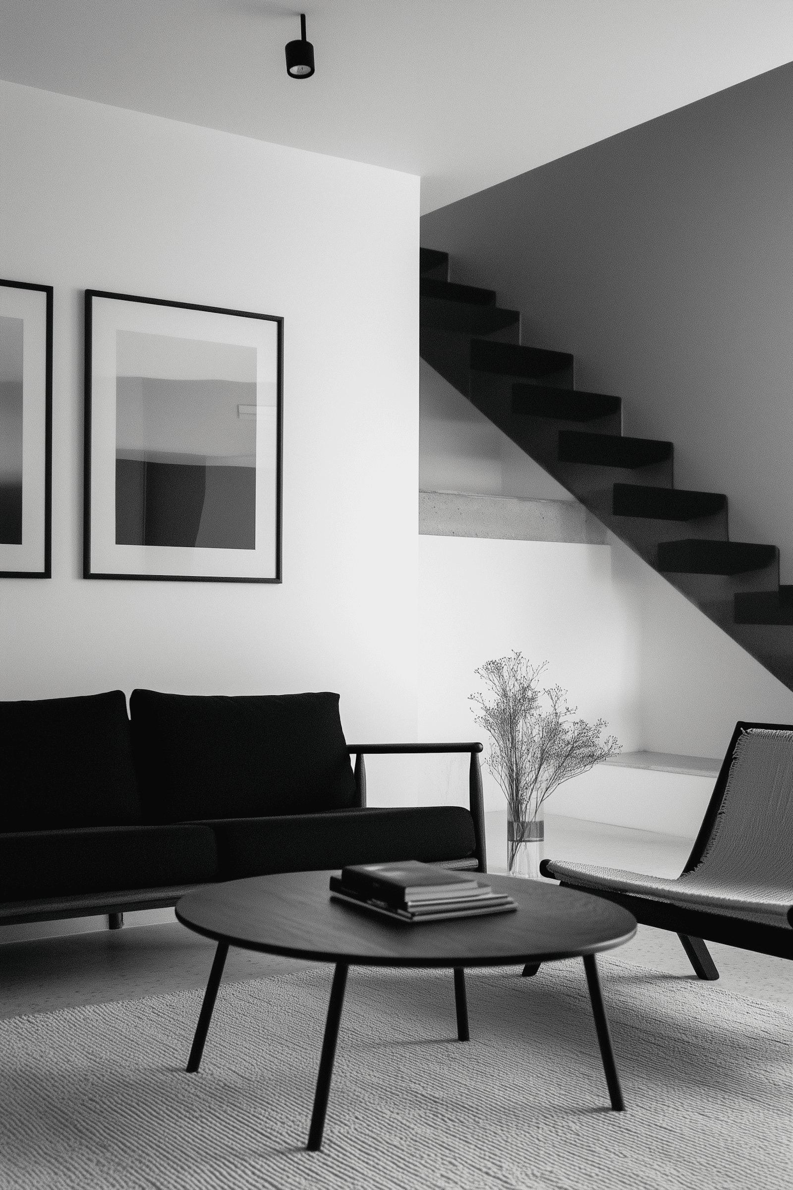 Minimalist living area with black floating staircase, modern sofa, coffee table, artwork, and neutral color palette