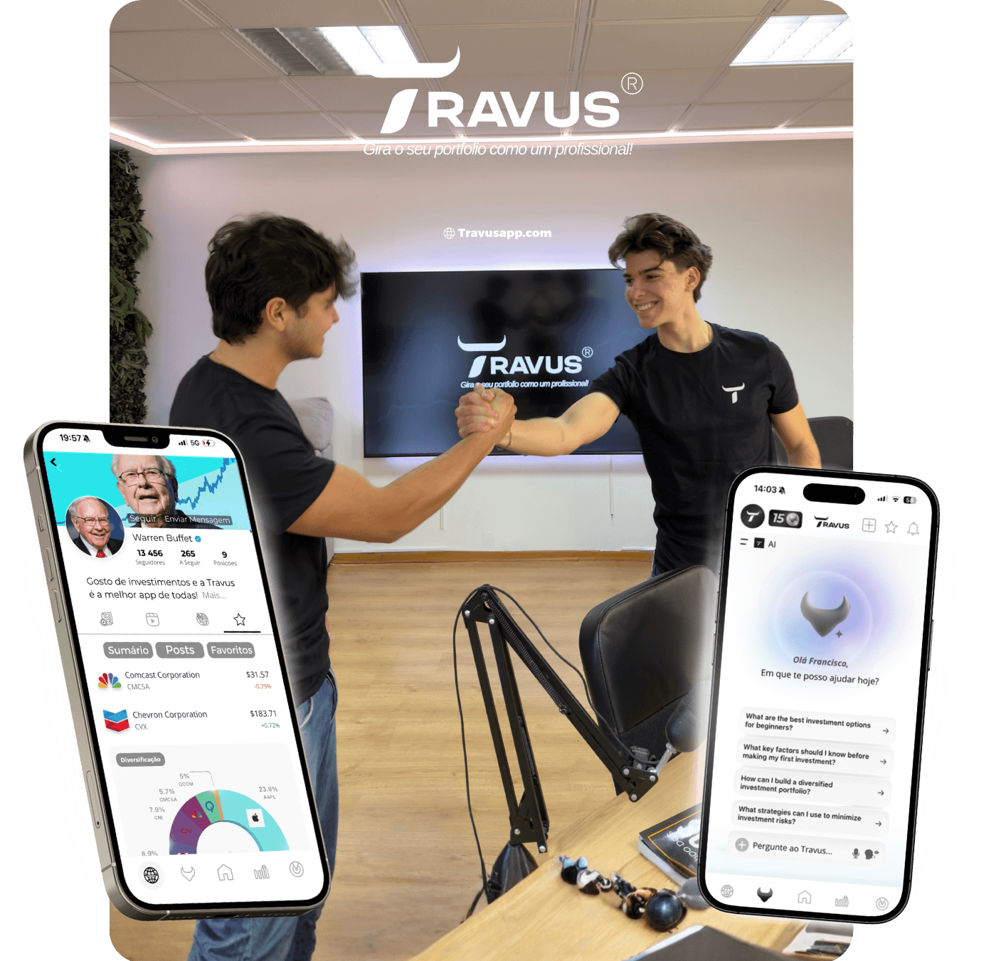 foto do acordo de expansão da travus ai-gestor de portfolio tracker, ceo travus a fazer parceria, com investidor brasileiro, que precisa e viu necessidade em ter a travus para tdoo o mundos, cenário de podcaast onde se ajuda inestidores com video especiais, e varios telemoveis com travus, na rede social e ai que ajuda a tomar as boas decisçies