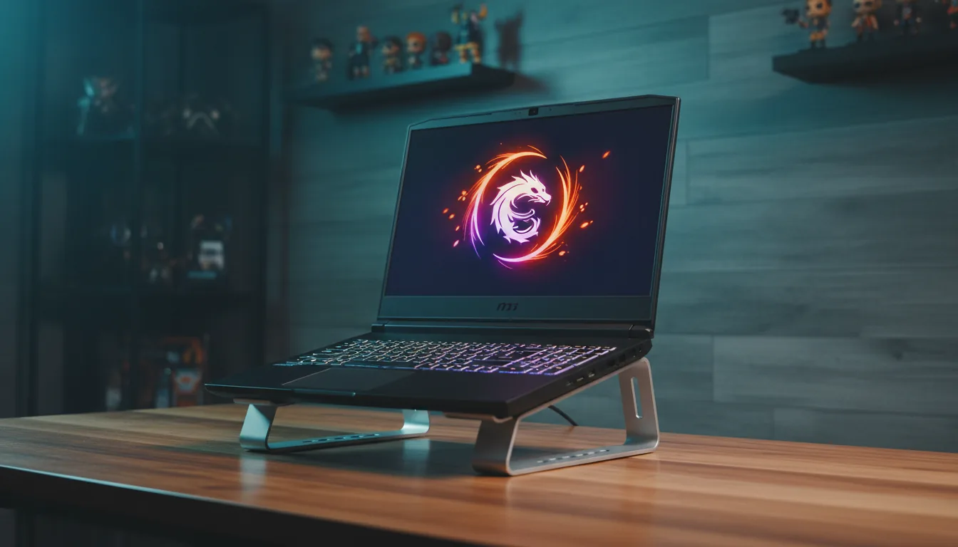 DSLR photograph of a high-end black MSI gaming laptop, open and resting on a silver aluminum stand on a warm wood-grain desk. The screen illuminates the scene, displaying a vibrant wallpaper of a glowing circular dragon logo with radiating neon purple and orange arcs. In the background, a grey wood-paneled wall is lit with moody teal and blue ambient light, with shelves of blurred gamer figurines creating a soft bokeh effect. Cinematic studio lighting, sharp focus on the laptop, shallow depth of field.