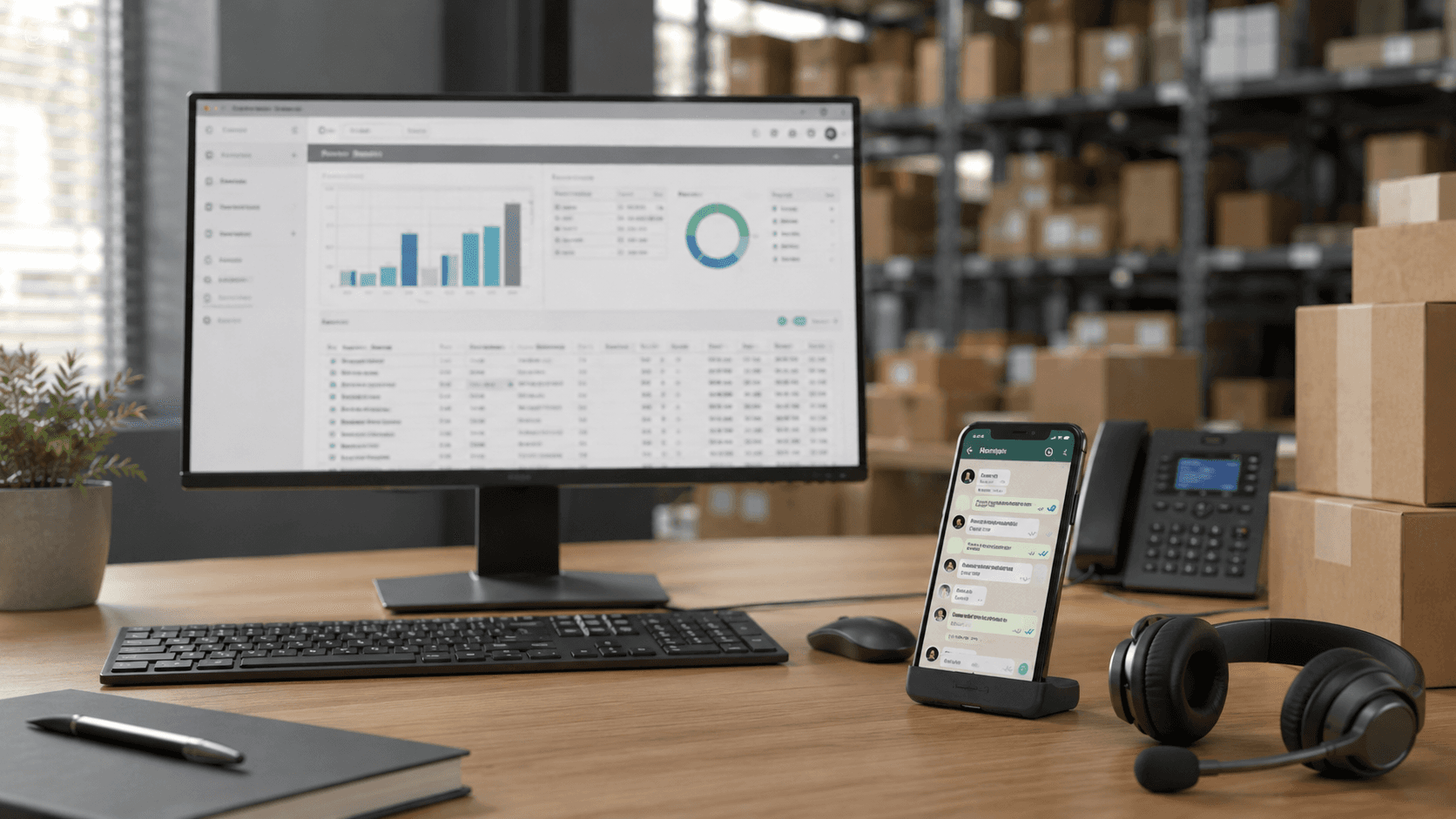 Ambiente corporativo moderno em estilo 3D realista mostrando uma operação de distribuidora integrada digitalmente. Em primeiro plano, uma mesa de trabalho com monitor exibindo dashboard de ERP, smartphone com conversa de pedidos via aplicativo de mensagens e headset de televendas. Ao fundo, prateleiras de estoque e caixas organizadas em um centro de distribuição moderno. A cena transmite integração entre ERP robusto, pedidos B2B e automação comercial, sem pessoas e sem textos visíveis.