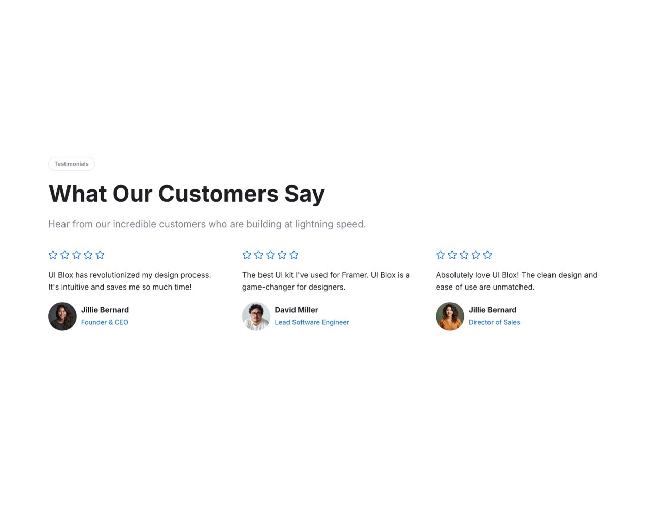 Framer Testimonials Section - Frameblox UI