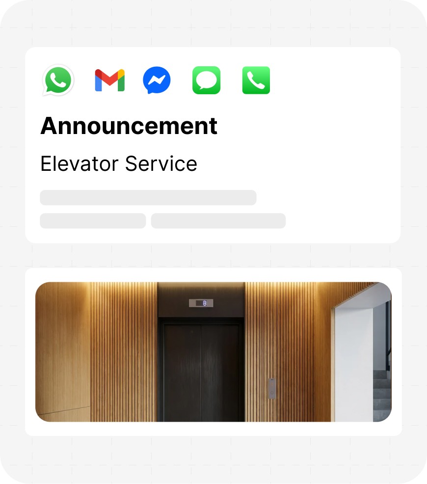 Mobile notification preview for an Elevator Service announcement, shareable via WhatsApp, Gmail, Messenger, Messages, or Phone. Below the notification card, a photo shows closed elevator doors set into a wood-paneled wall.
