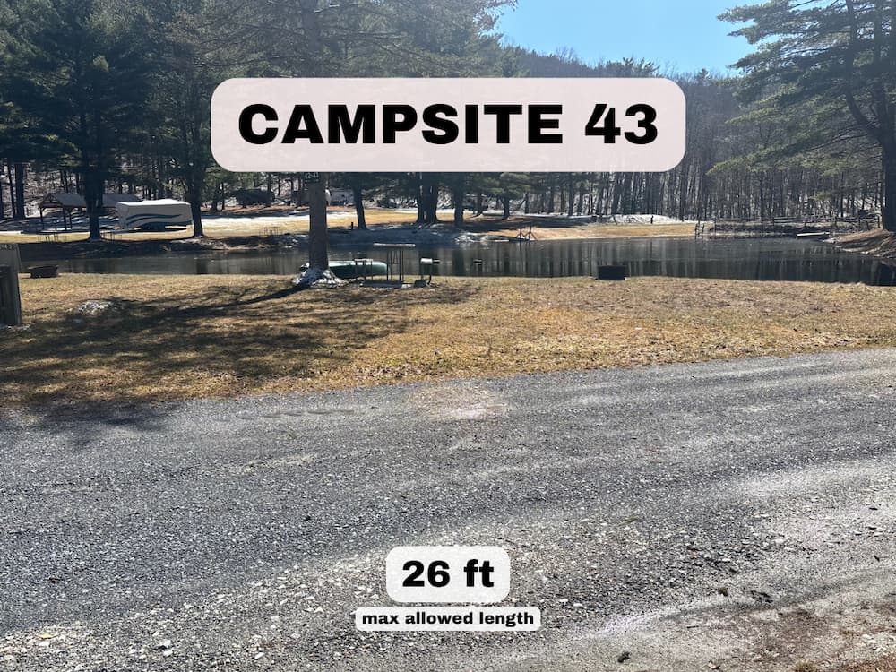 Pondfront RV site 43 at Pine Hollow with 26ft max length and scenic water views