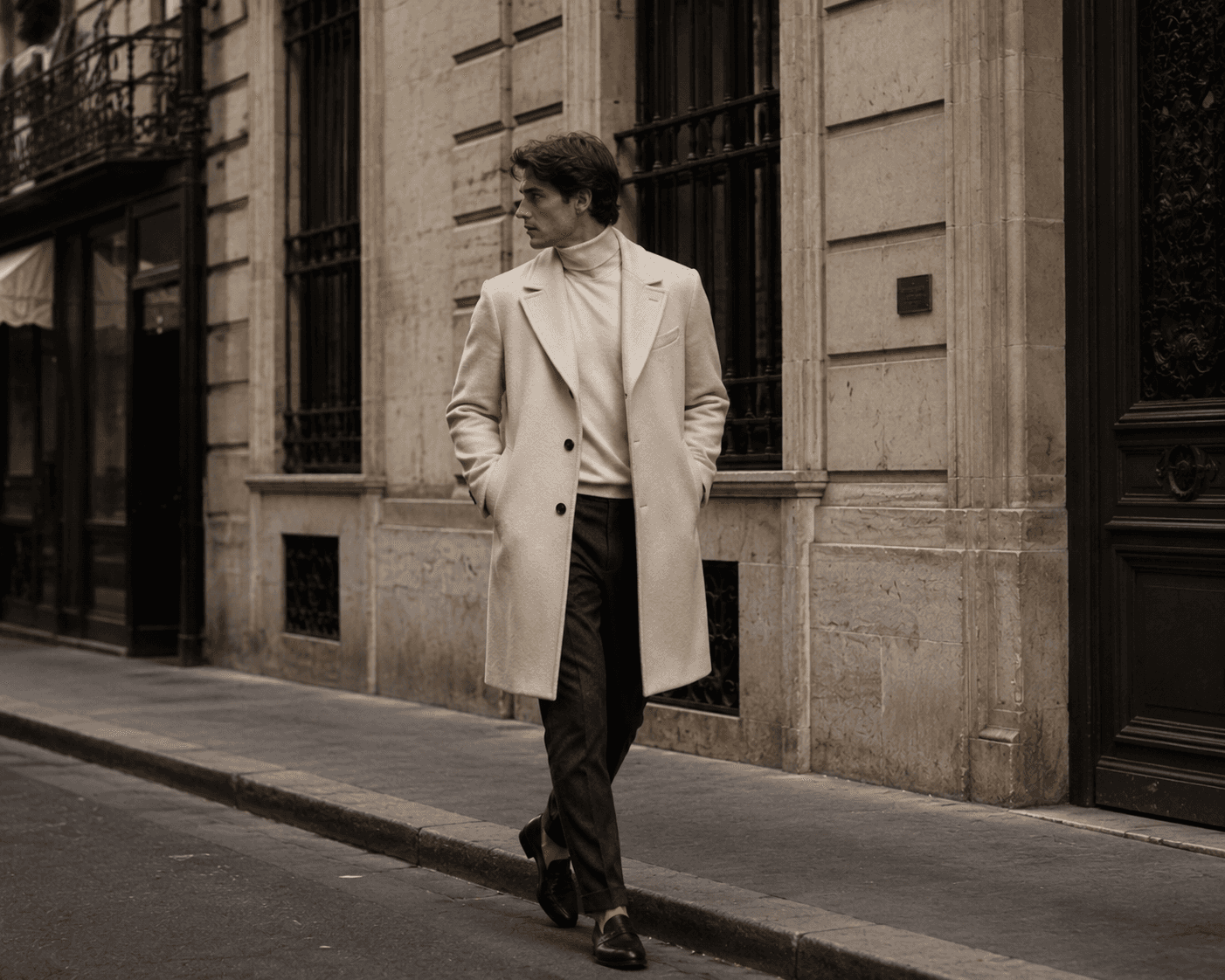A full-length street style photograph of a stylish man walking along a European city sidewalk beside classical stone building facades. He is wearing an elegant cream-colored tailored wool overcoat open over a matching off-white turtleneck sweater, paired with dark gray charcoal trousers and dark brown leather dress loafers. He has his hands in his coat pockets and looks off to the side, capturing a sophisticated autumn or winter fashion aesthetic.