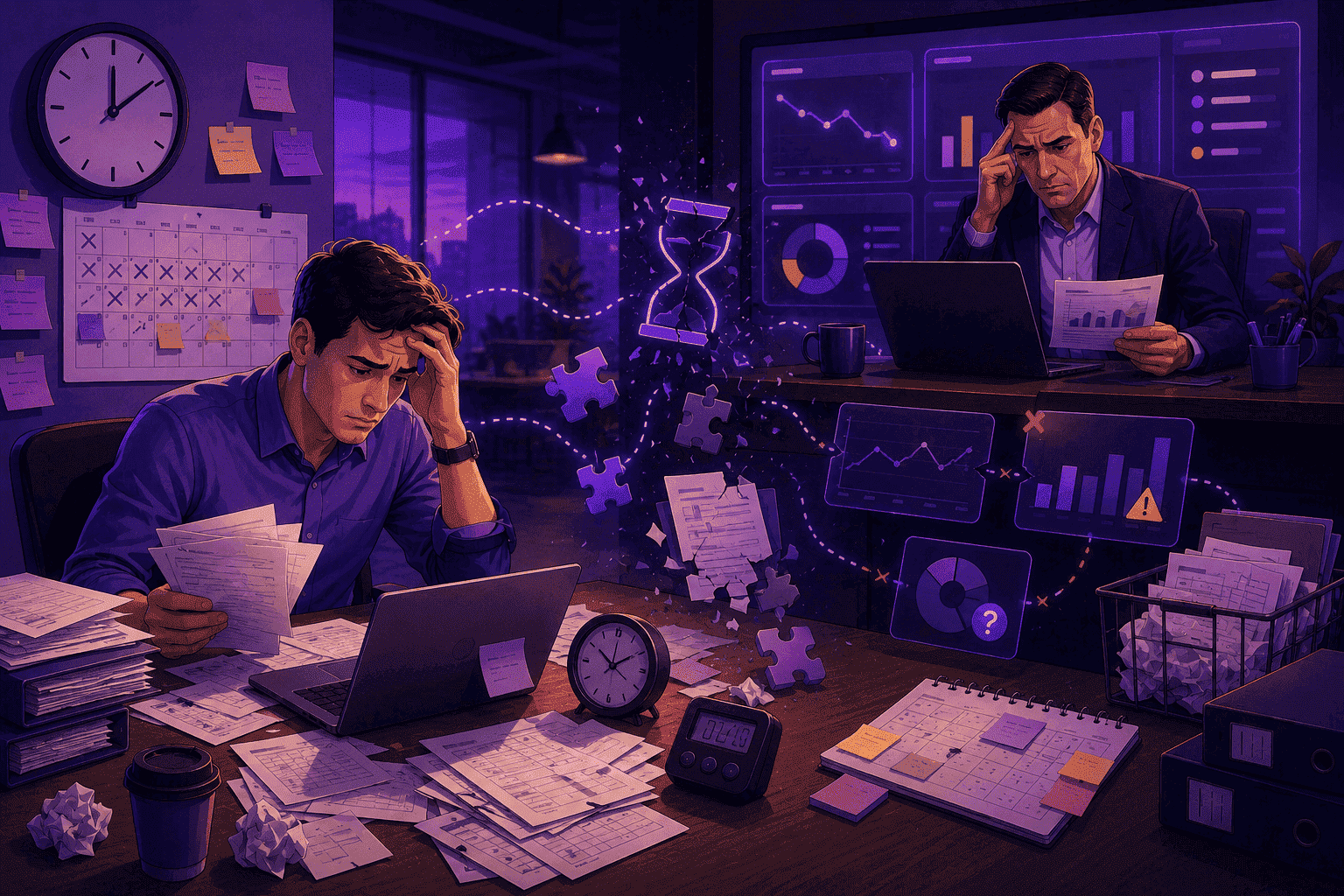 Employee and manager struggling with an outdated time tracking process, surrounded by paperwork, manual records, disconnected data, and inefficient reporting workflows.