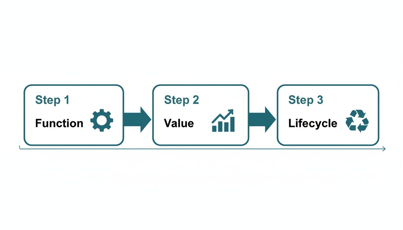 A three-step process diagram illustrating Function, Value, and Lifecycle with corresponding icons and arrows.