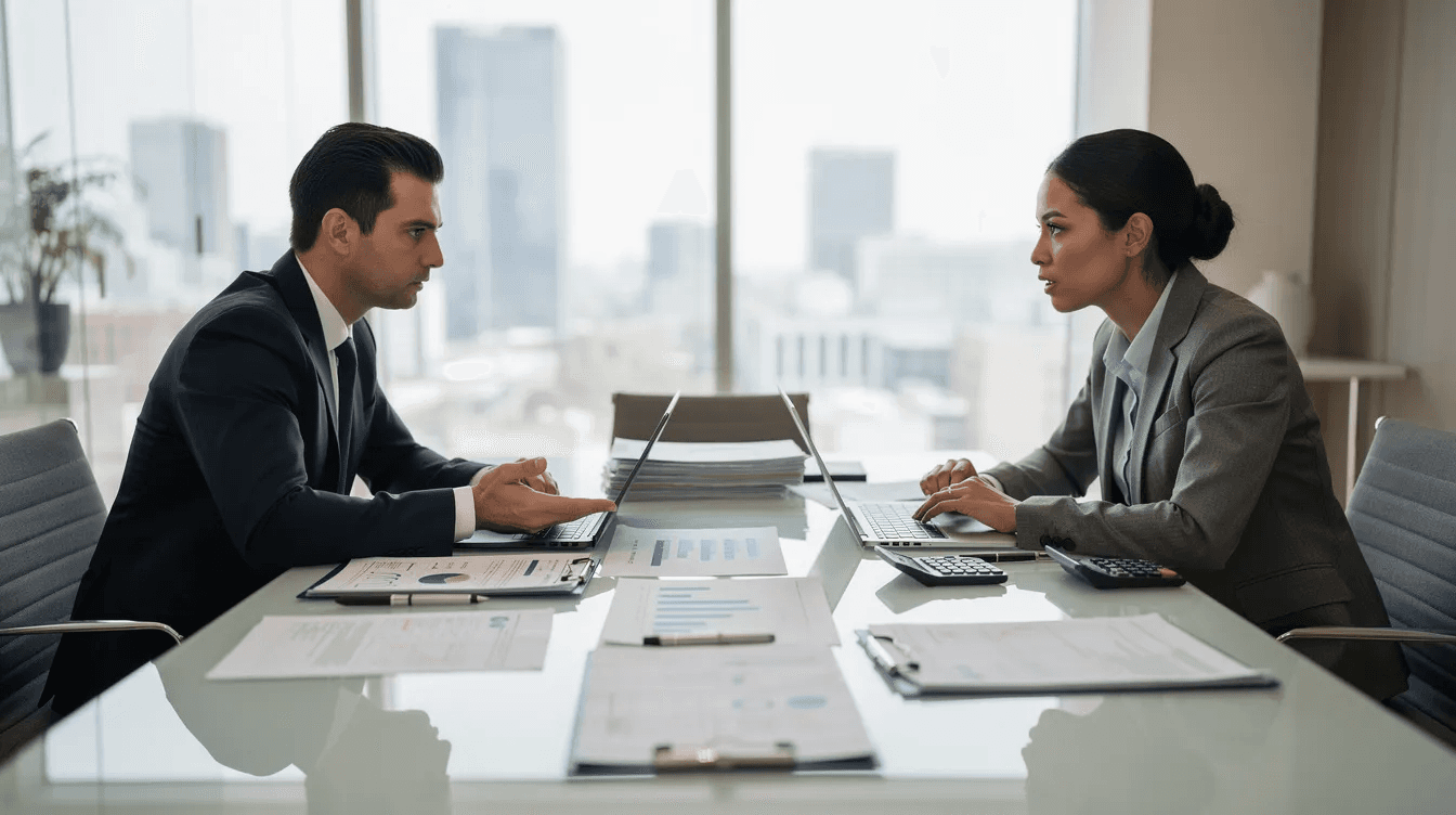 The image shows two professionals engaged in a serious discussion at a conference table, surrounded by financial documents and laptops, highlighting the importance of understanding franchise agreements and opportunities for business owners. This scene emphasizes the critical conversations that take place in the journey of a successful entrepreneur navigating the complexities of franchise systems and investment decisions.