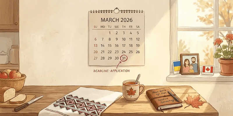 Gemini said An illustration of a sunlit kitchen table blending Ukrainian and Canadian elements, with a wall calendar highlighting an application deadline of March 31, 2026.
