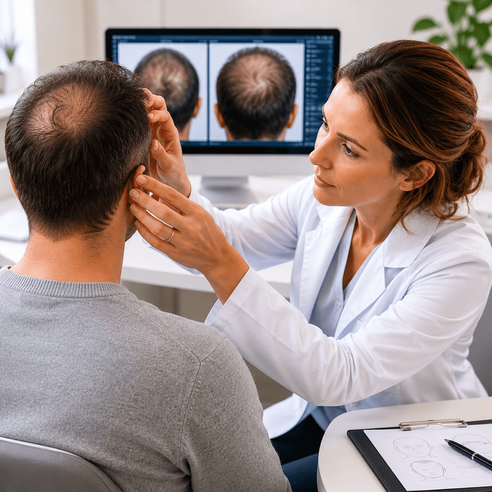 Arts van Intermedica beoordeelt haarverlies en bespreekt haartransplantatie advies met een patiënt tijdens een medisch consult.