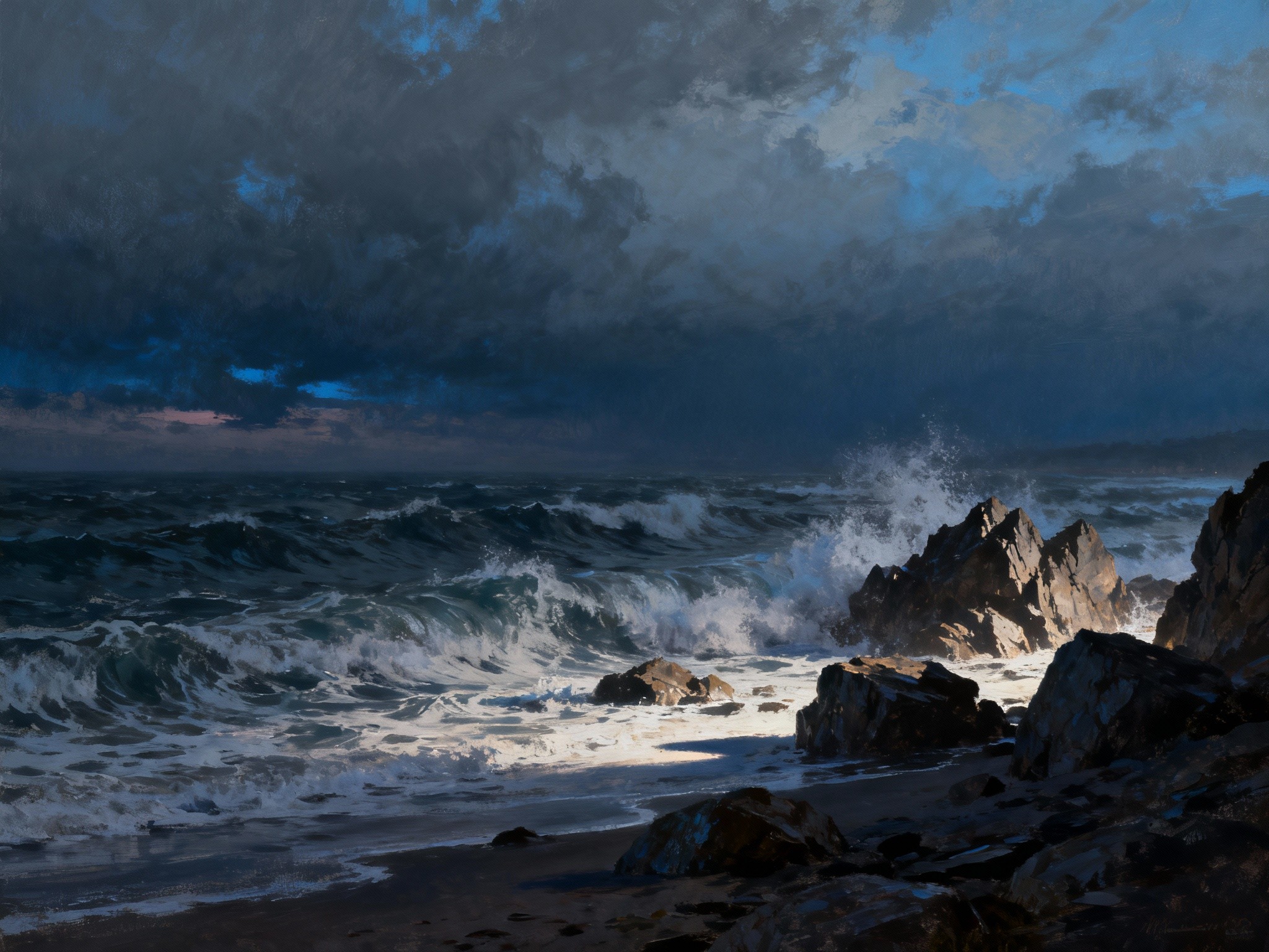 A dramatic fine-art illustration depicting a stormy seashore at twilight, using a low horizon line