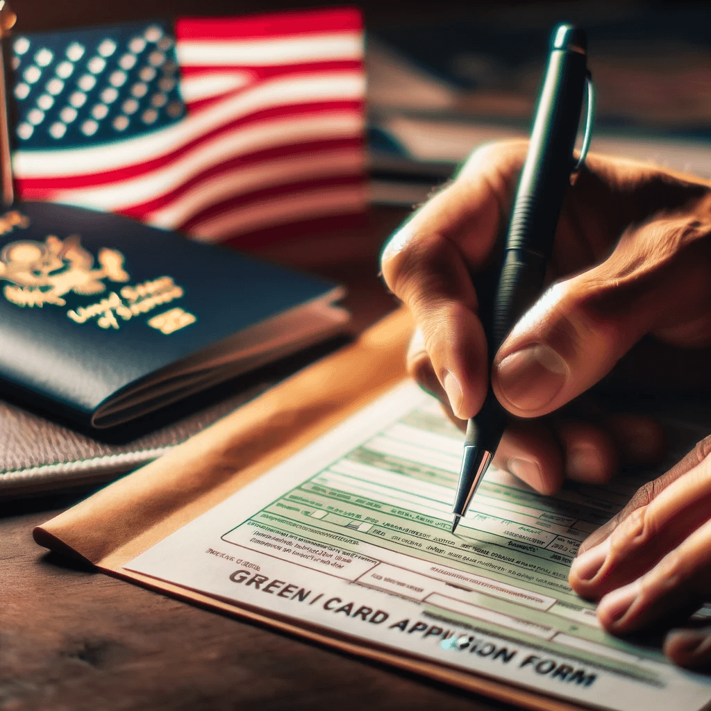 Close-up view of hands meticulously filling out a Green Card application form, with a pen poised over the paper. In the background, a small American flag and a passport are subtly visible, symbolizing the aspirant's dream of obtaining residency in the United States. The image conveys a sense of focus and precision, emphasizing the importance of accuracy in the Green Card application process.