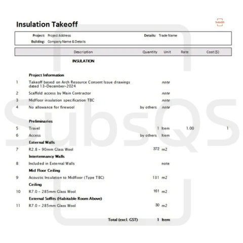 Screenshot of CostX Report for Insulation takeoff by SubsQS Ltd