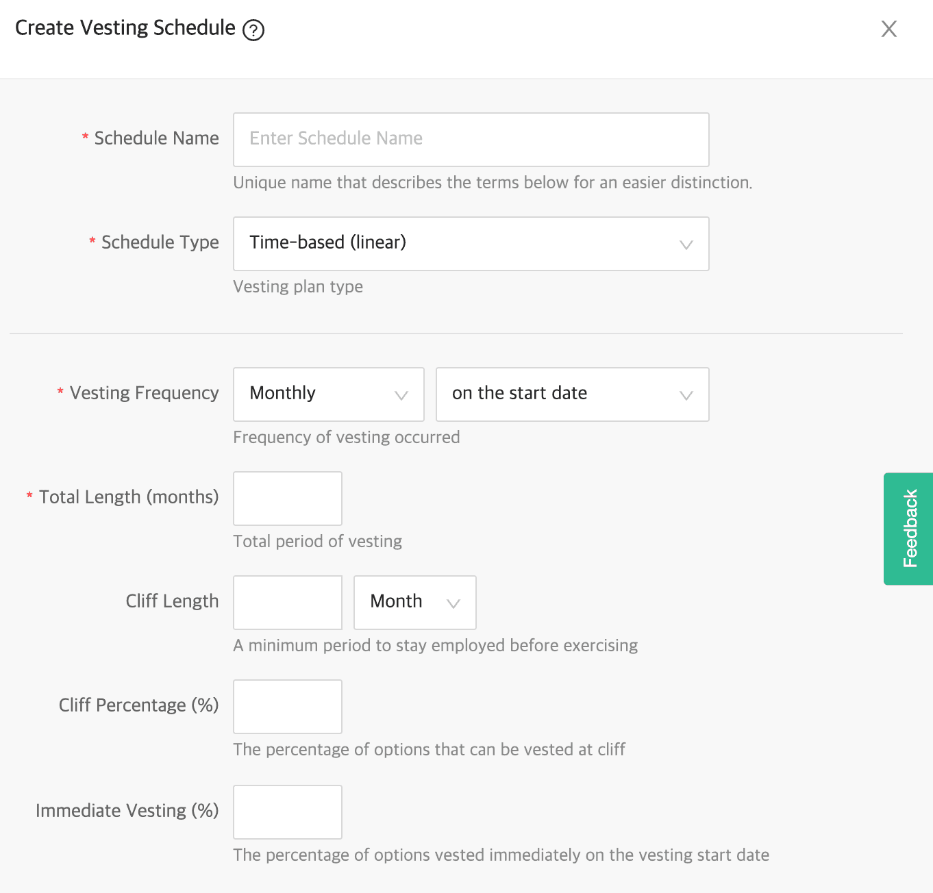 On Quotabook, you can create a vesting schedule of your choice, setting a unique vesting duration, cliff and frequency for each plan.