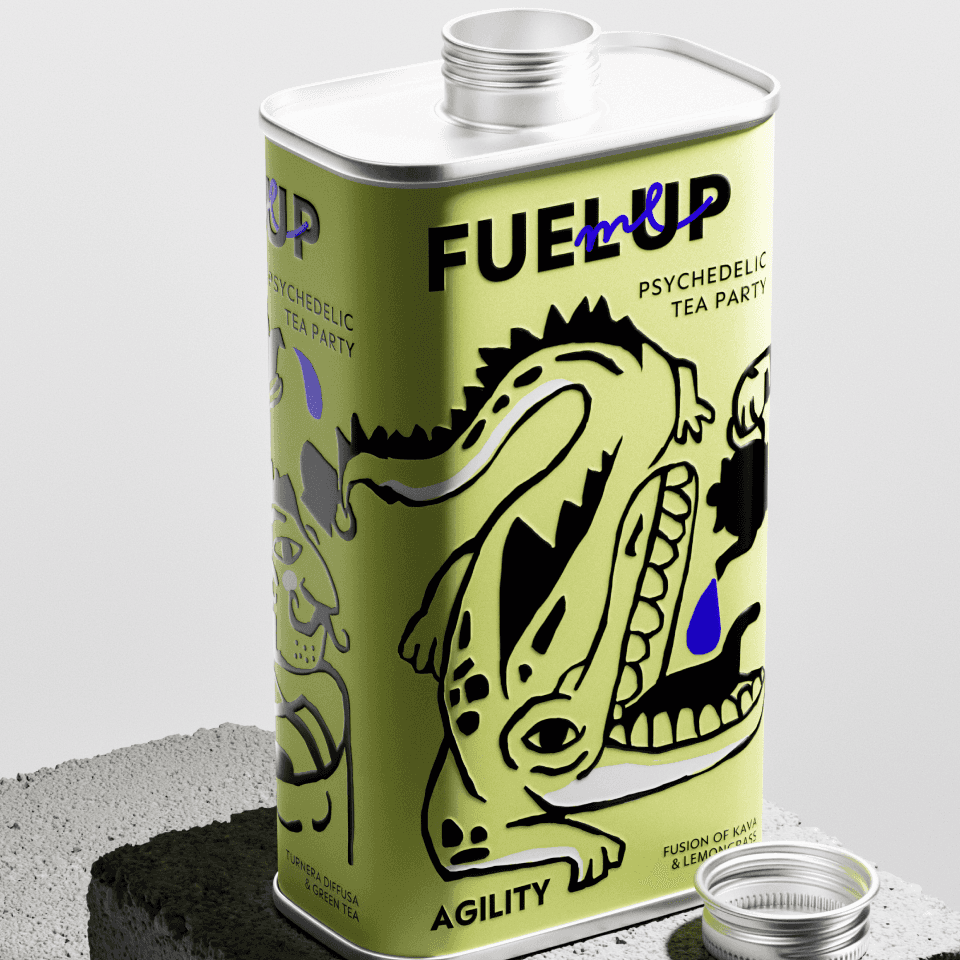 Fuel Me Up Packaging Design – Flaschen im Raster mit Illustrationen