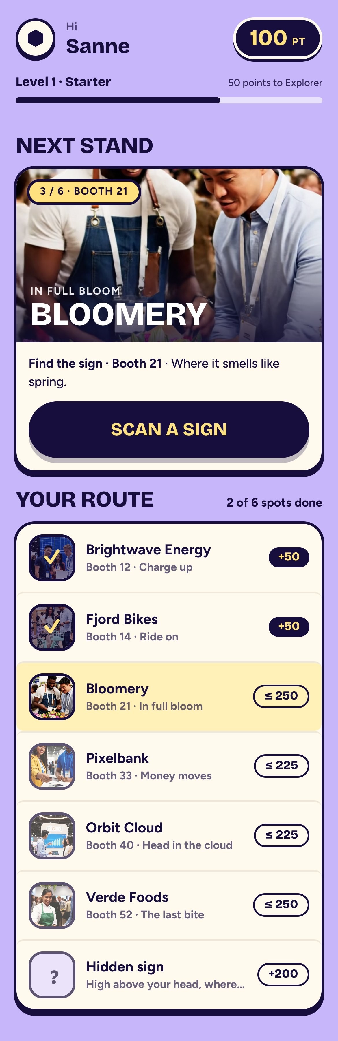 TheQuest app: the route past the stands with the next stand to scan