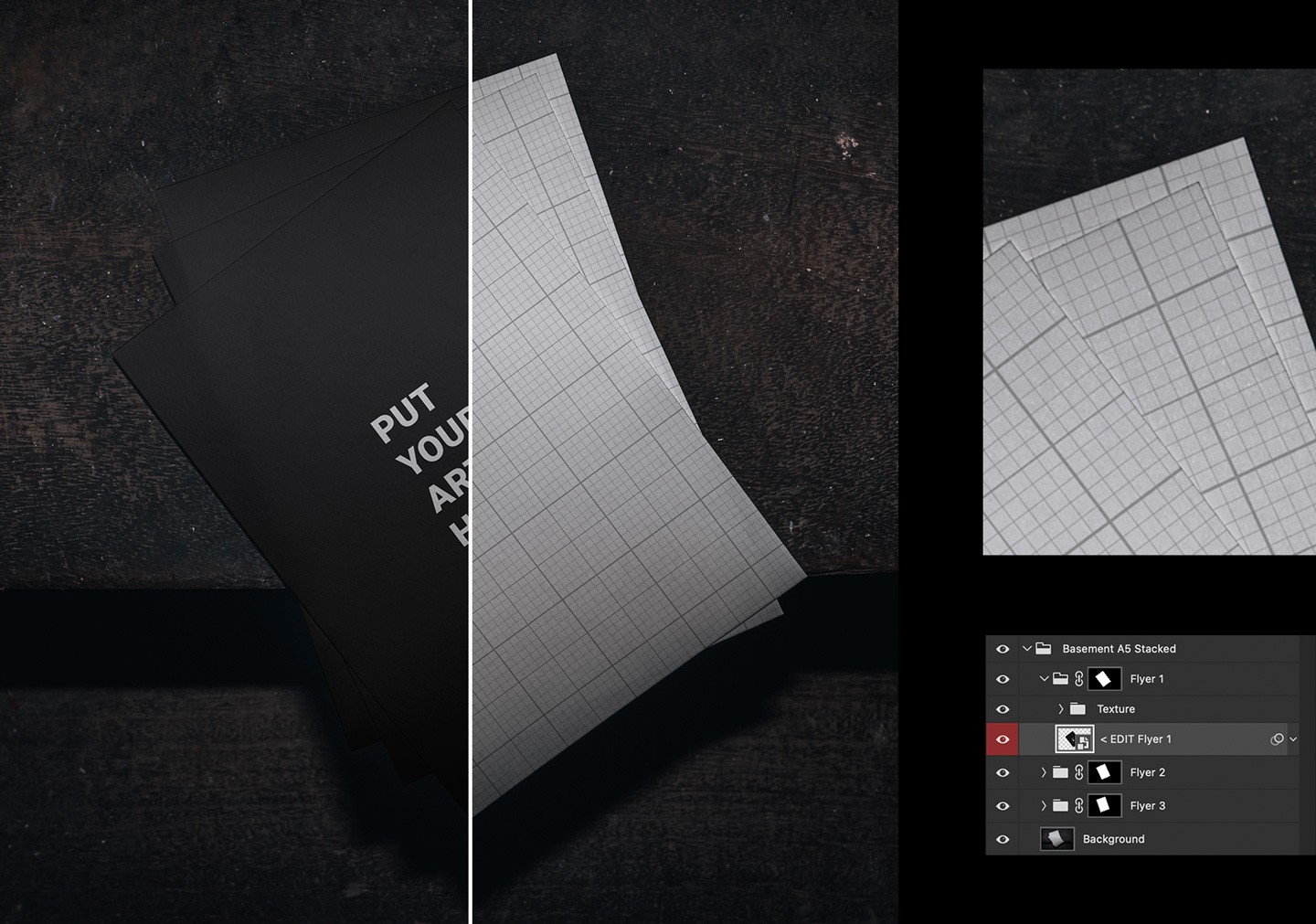 Photoshop layers view showing the easy smart object setup for the A5 flyer stack mockup
