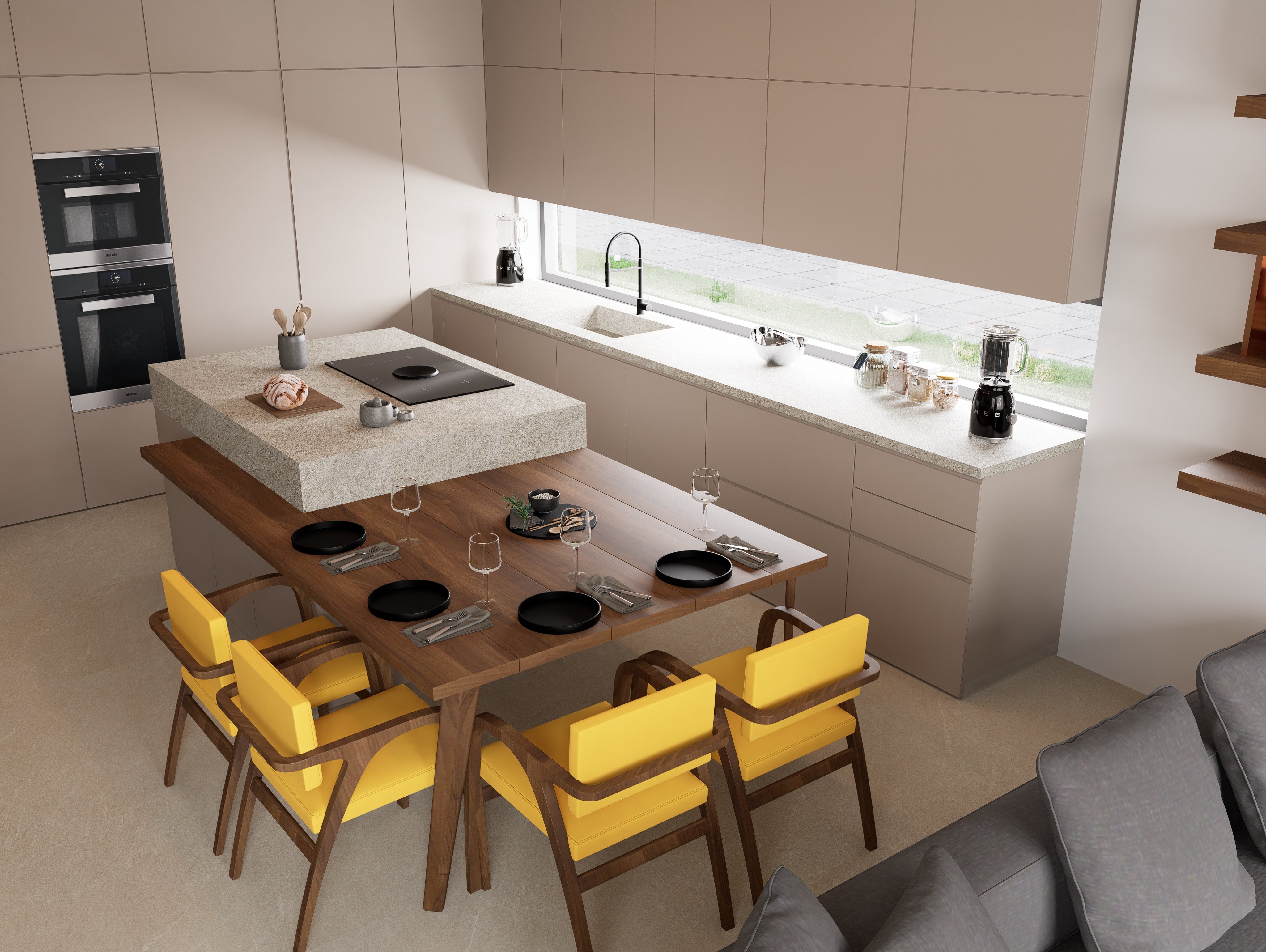 Minimalist open-plan kitchen and dining area with warm wood accents, custom cabinetry, and natural light integration by topos design studio