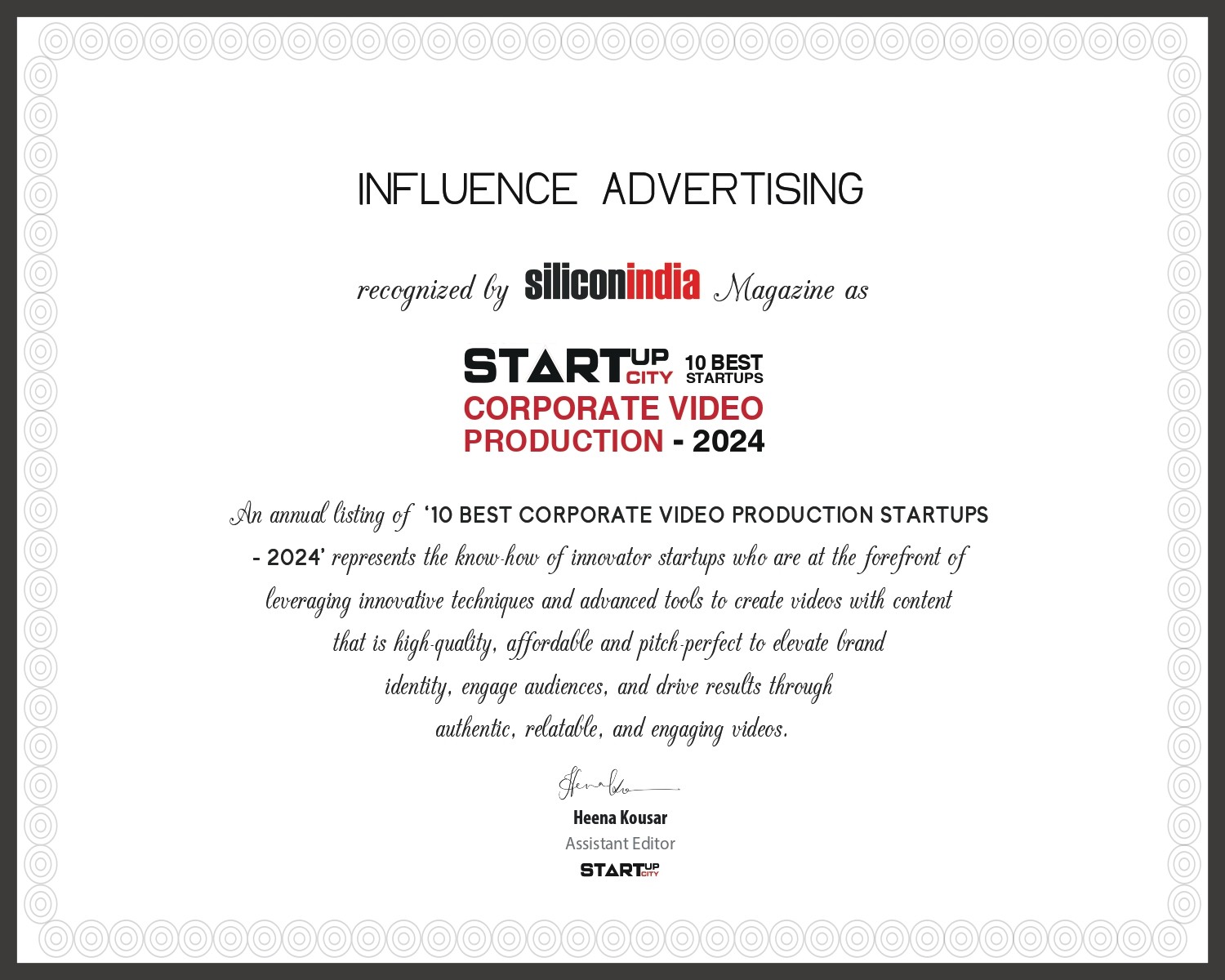 RECOGNIZED BY SILICON INDIA AS - 10 BEST CORPORATE VIDEO PRODUCTION STARTUPS - 2024