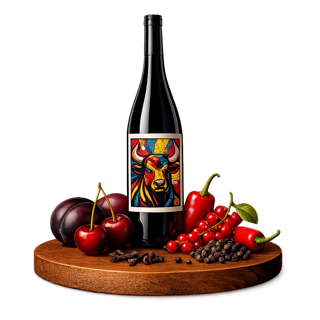 Artistic label and flavor profile for Hungarian Szekszárd Red on a rustic wooden table.