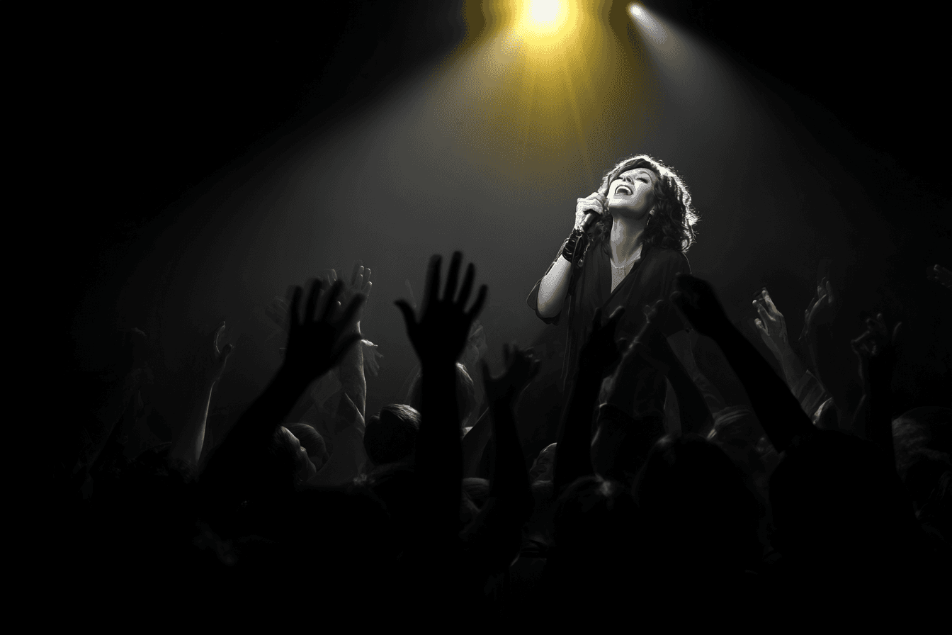 Female performer on stage under a single spotlight, crowd hands raised below