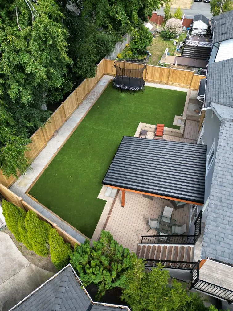 Backyard landscaping with artificial turf lawn, covered patio, and wood privacy fencing.